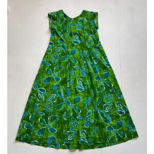 VTG 60s 70s PARADISE HAWAII Green Barkcloth Floral Muumuu Dress / Retro Aloha